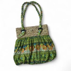 Cappelli Straworld Green Floral Butterfly Print Woven Raffia Beach Bag Tote